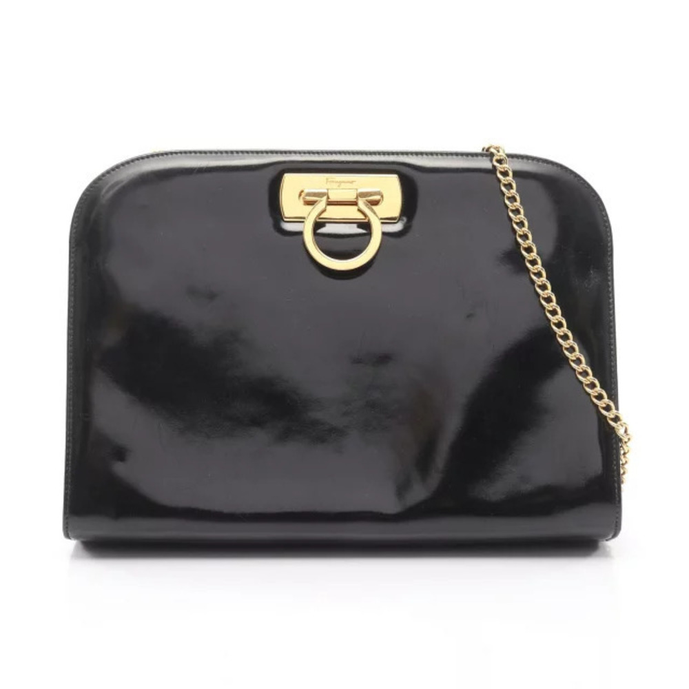 Salvatore Ferragamo Gancini Shoulder Bag Patent Vernis Leather Black